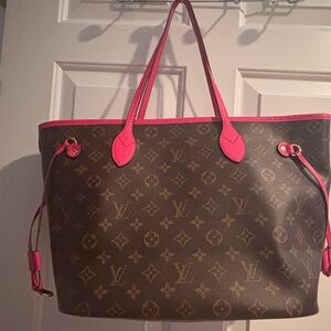 Fashion Brown Leather And Canvas Tote with Hot Pink Trim